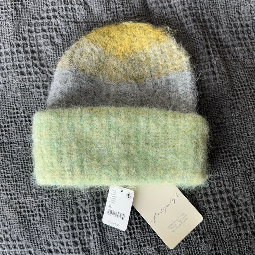 Free People Striped Fuzzy Beanie in Yellow, Gray, Green